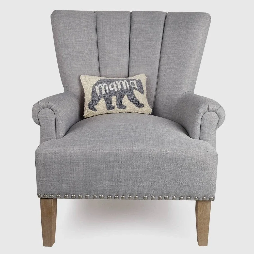 Mama Bear Hooked Wool Throw Pillow 8x12 Cream Grey Lumbar Velvet Back